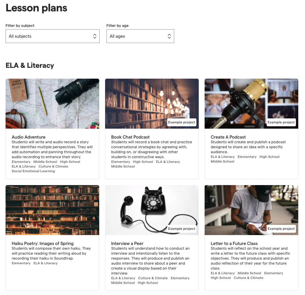 A screenshot image of Soundtrap lesson plans for ELA and Literacy